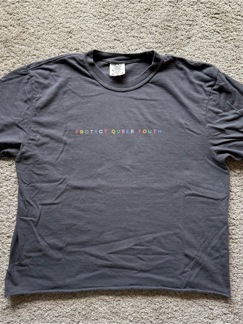 Charcoal Cropped Tee with Multicolor "Protect Queer Youth" Chest Graphic